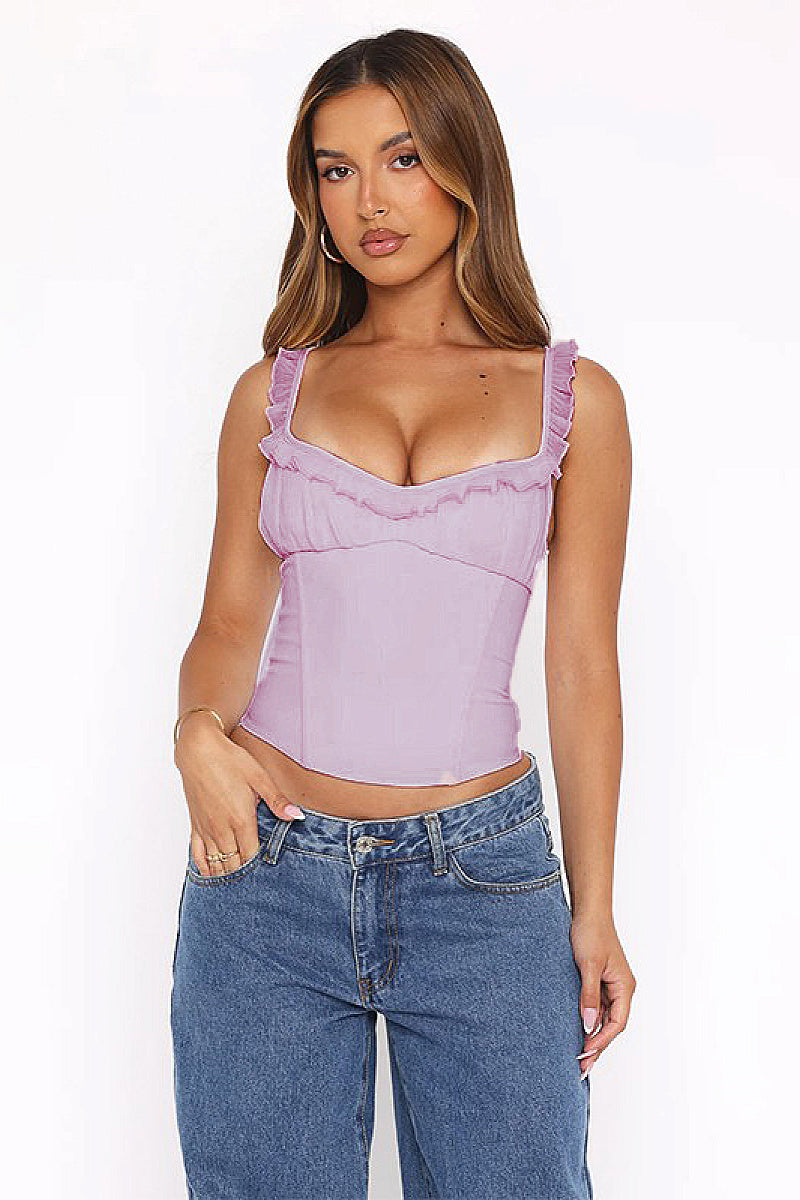 Sexy Sheer Mesh Top with Ruffle Trim