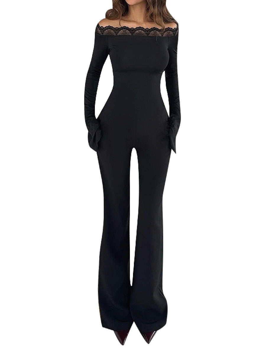 European Style Lace One-Shoulder Long Sleeve Jumpsuit