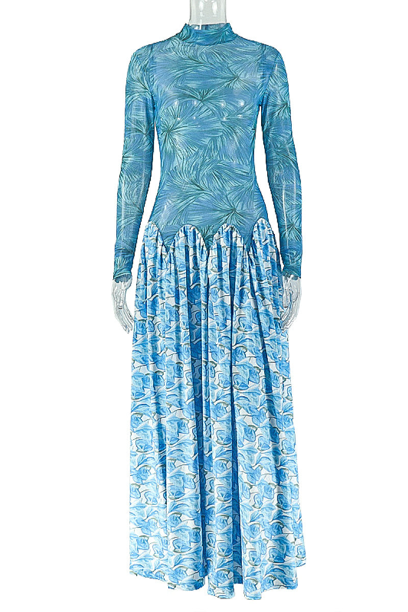 European Style Floral Print High Neck A-Line Dress