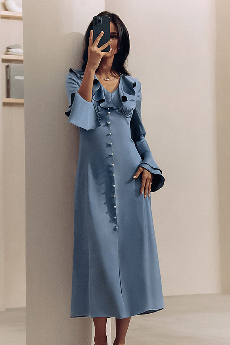 Spring French Blue Satin Dress with Ruffles