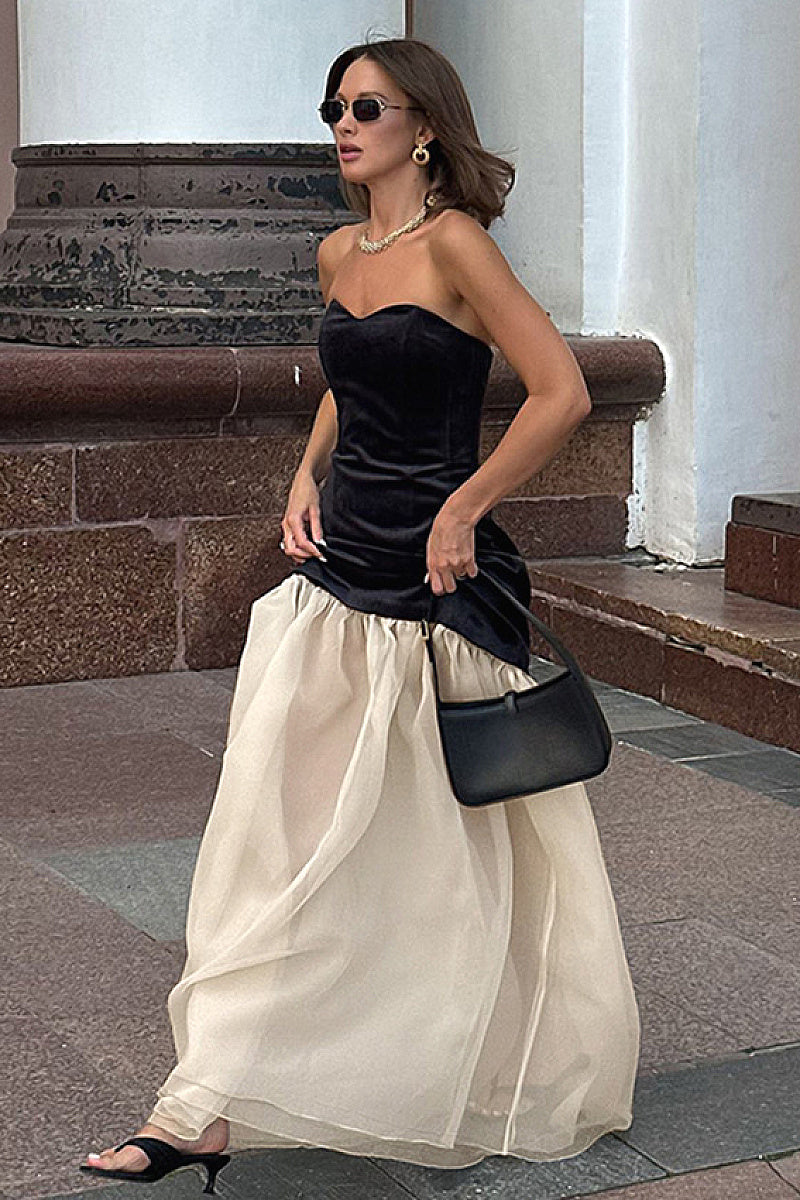 French Velvet Strapless A-Line Dress for Women