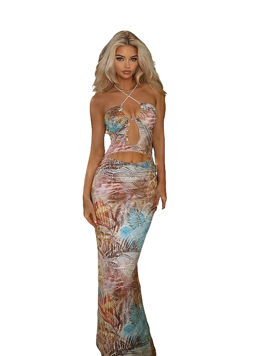Summer Halter Neck Backless Dress with Chain Print