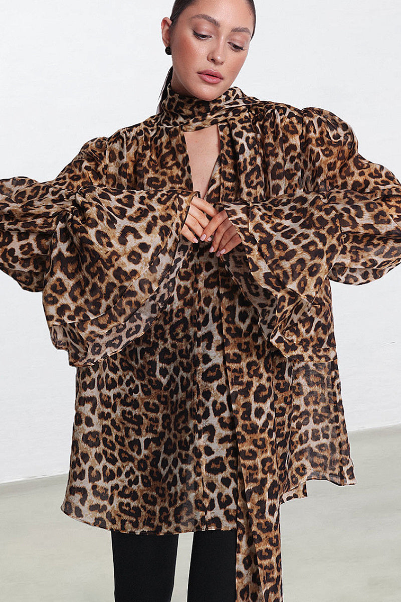 Chic Ruffled Leopard Print Chiffon Blouse