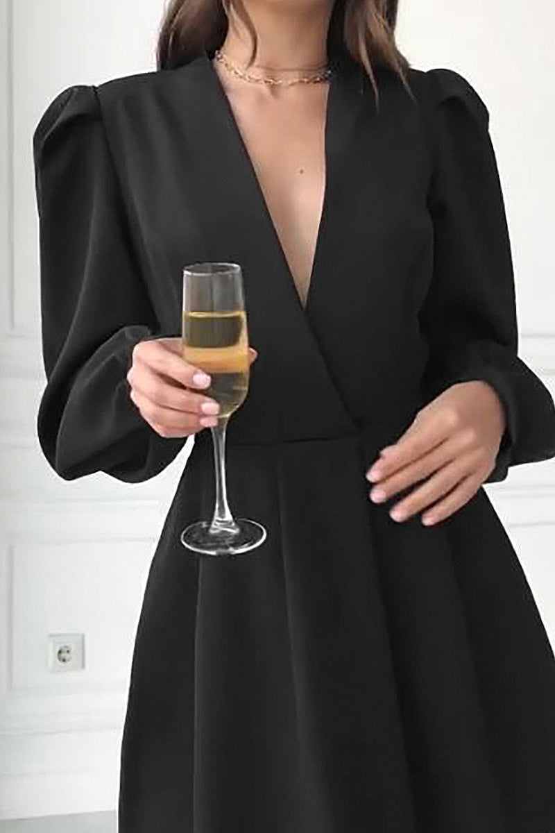 French Style Elegant Black V-Neck Dress for Women