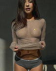 Round Neck Long Sleeve Top with Rhinestones