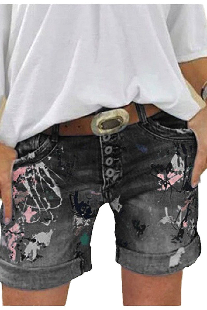 High-Waisted Elastic Printed Denim Shorts