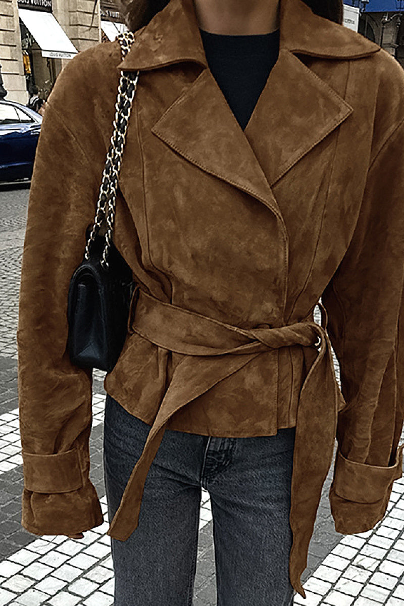 Suede Waist Tie Coat for Women