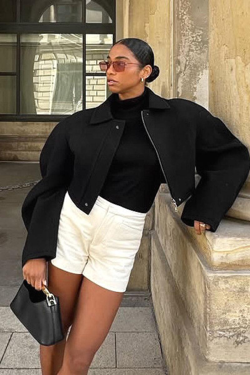 Stylish Lapel Zipper Woolen Jacket for Women
