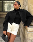 Stylish Lapel Zipper Woolen Jacket for Women