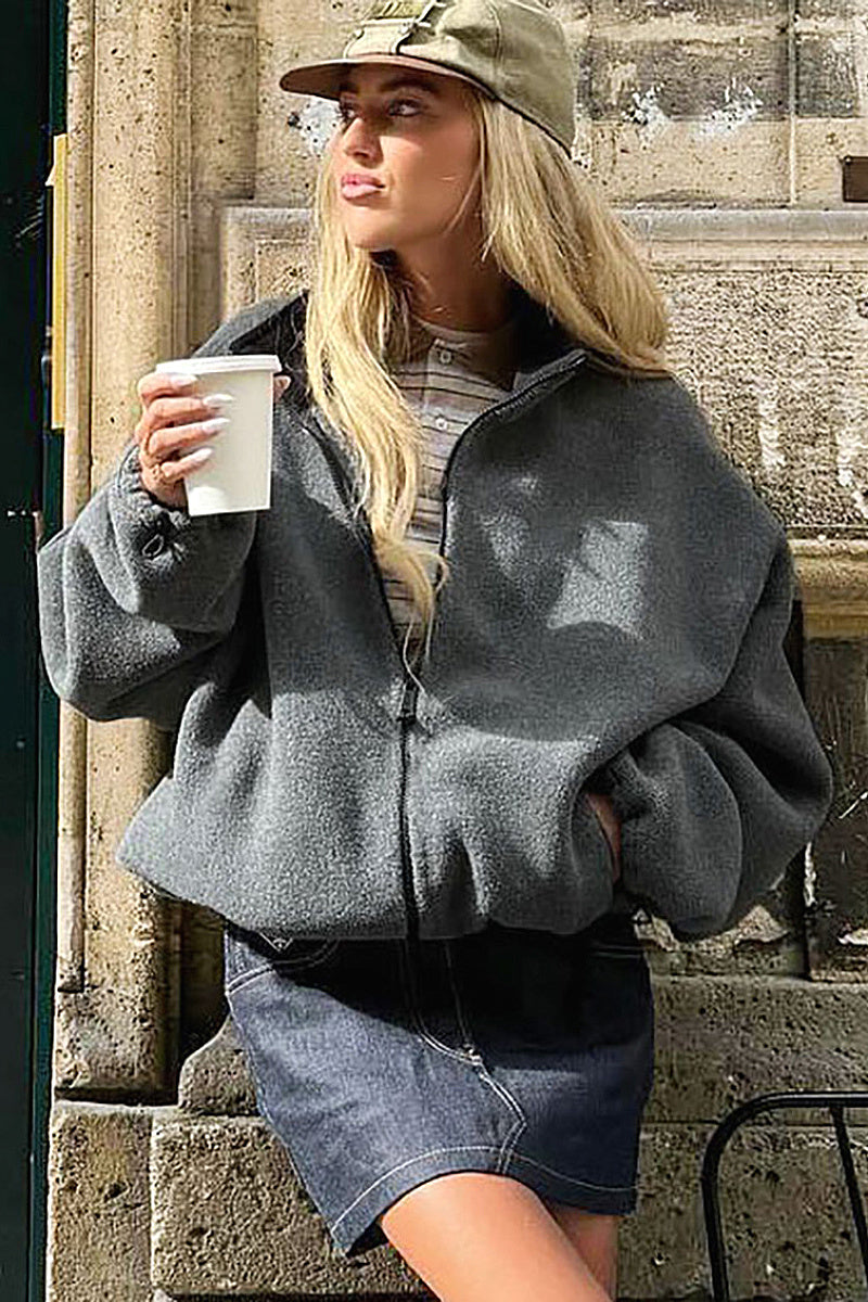 Stylish Gray Fleece Stand Collar Jacket for Women
