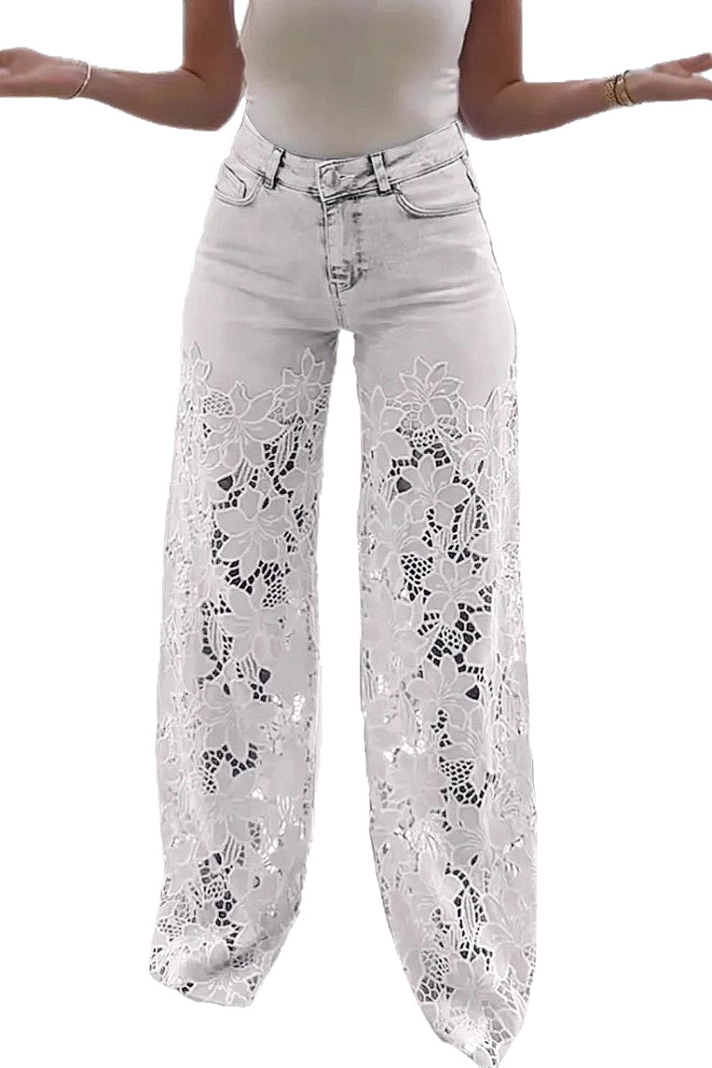 High Waist Lace Inset Straight Leg Jeans