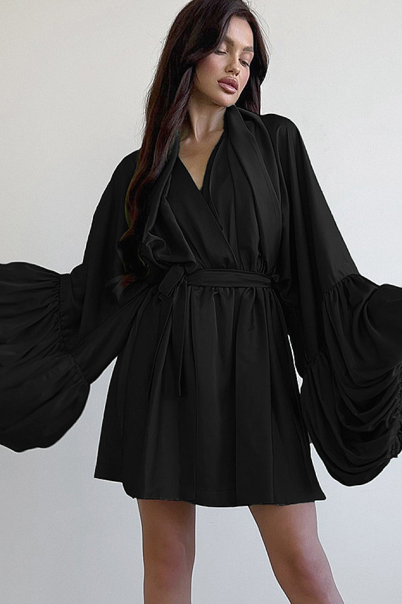 V-Neck Tie Waist Puff Sleeve Dress