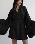 V-Neck Tie Waist Puff Sleeve Dress