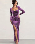 Elegant Long Sleeve Velvet Dress with Slit