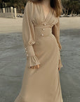French Lantern Sleeve V-Neck Dress for Women