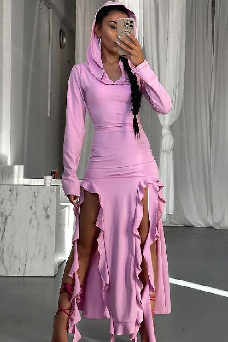 Fashionable Ruffled Long Sleeve Hooded Dress