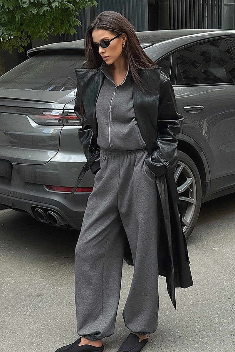 Fashion Casual Gray Hoodie Set for Women