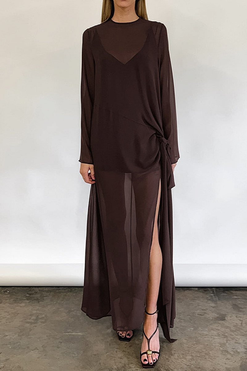Brown Mesh Design Long Sleeve Dress with Bow Tie