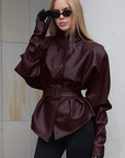 Vintage Burgundy PU Leather Jacket with Belt