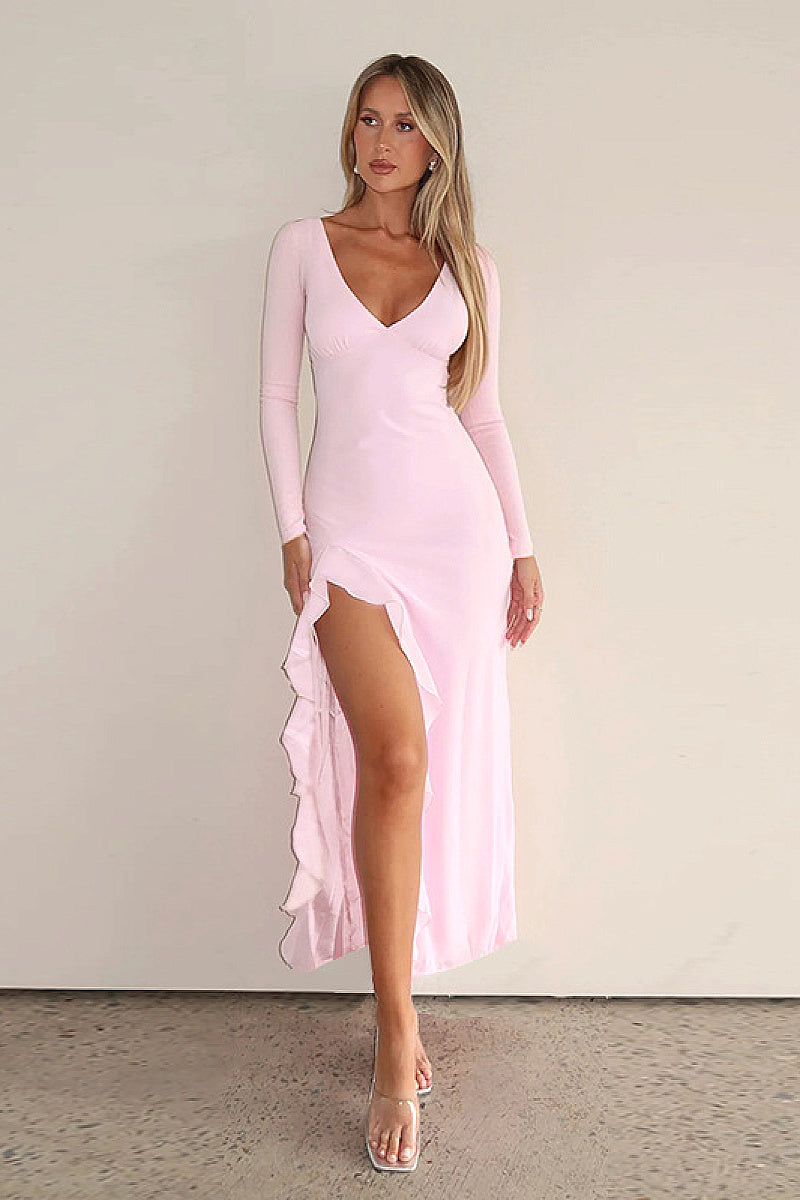 Sexy Deep V Neck Long Sleeve Ruffle Split Dress