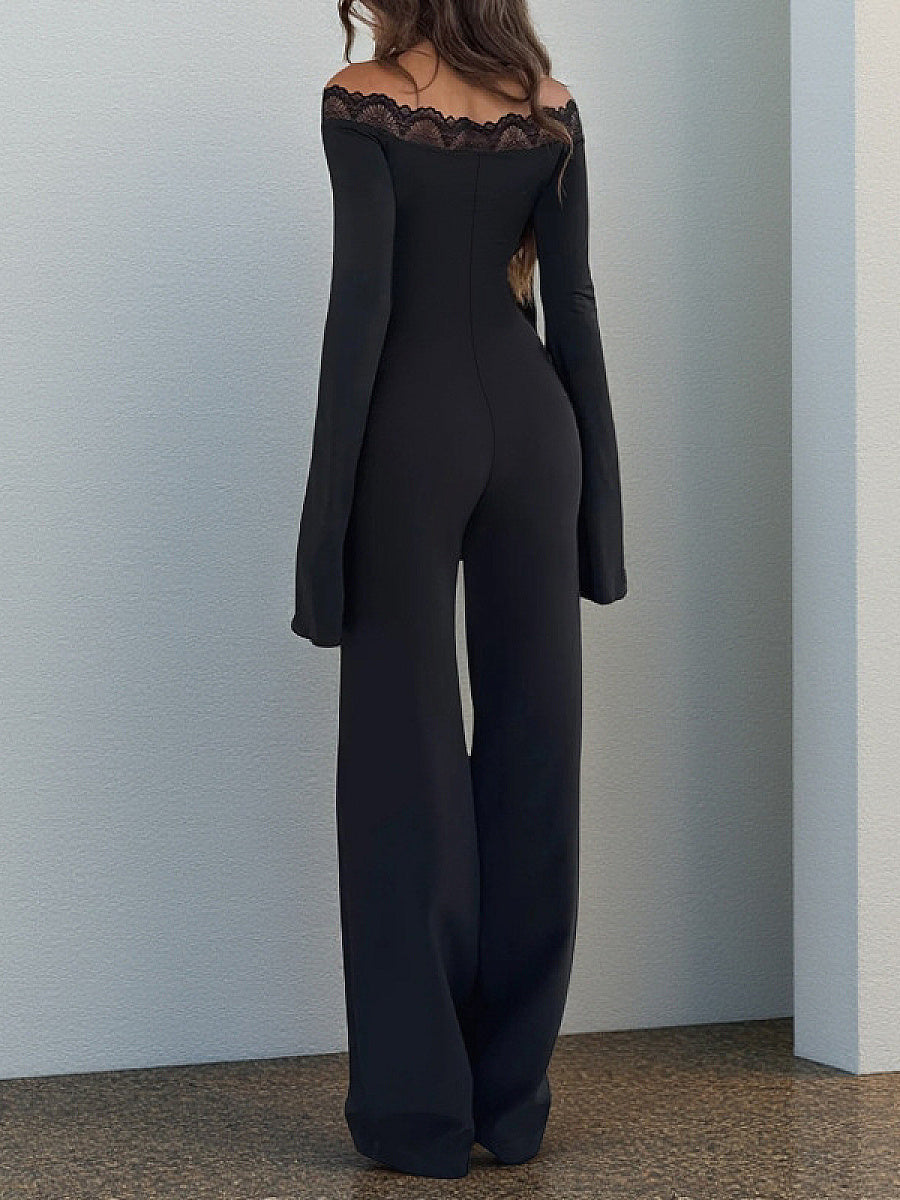 European Style Lace One-Shoulder Long Sleeve Jumpsuit