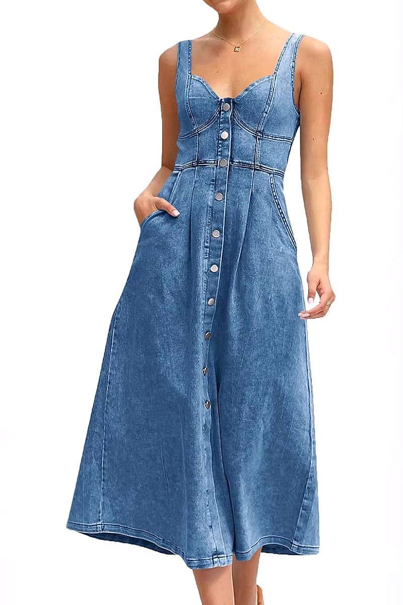 Summer Women's Blue Denim Button-Down Dress
