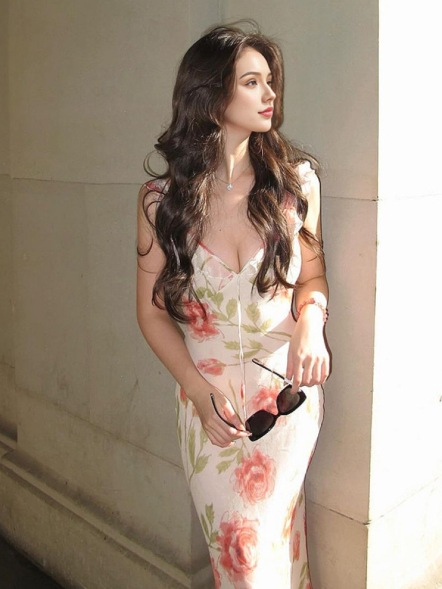French V-Neck Floral Maxi Dress