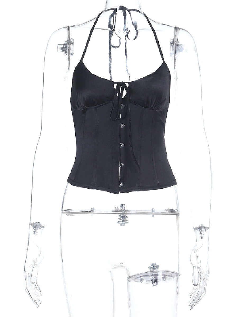 Chic Halter Neck Tie Waist Button Up Top