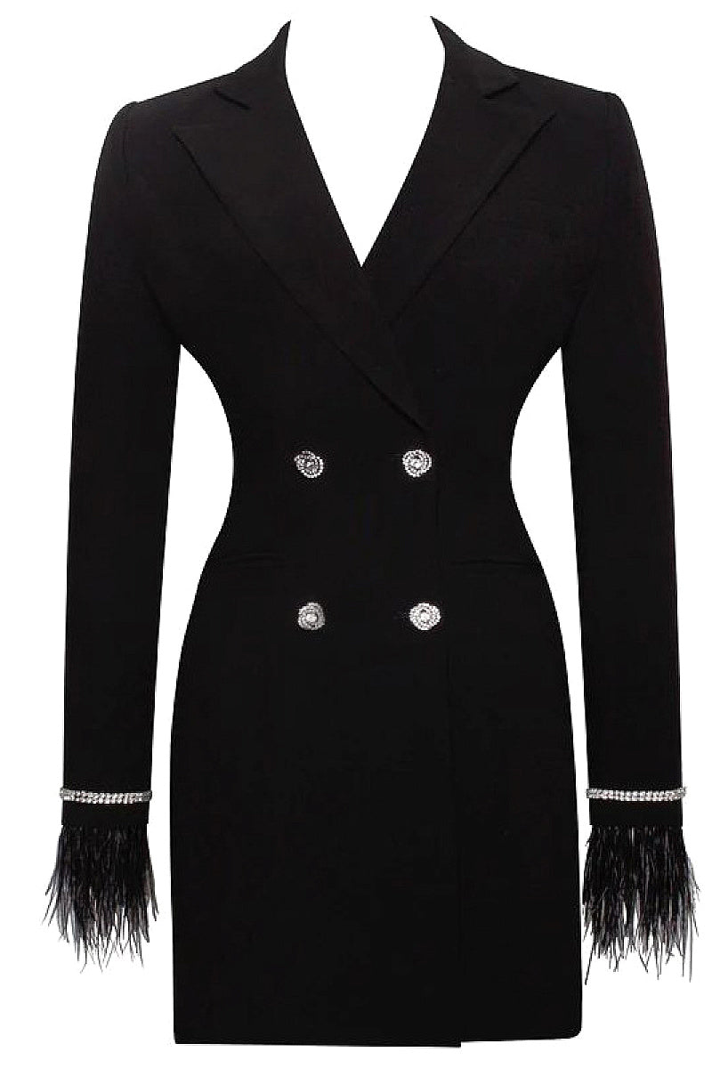 Elegant Double-Breasted Feather Sleeve Blazer Dress