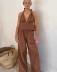 Chic Brown Cotton Linen Two-Piece Set