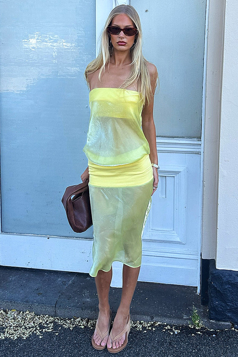 French Color Block Strapless Midi Dress