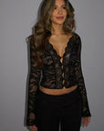 Chic Women's V-Neck Lace Long Sleeve Top