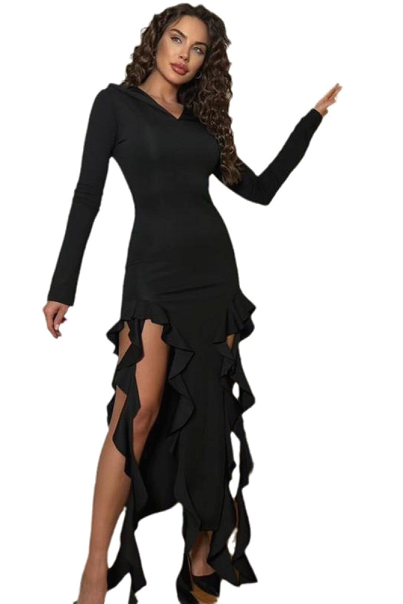 Fashionable Ruffled Long Sleeve Hooded Dress