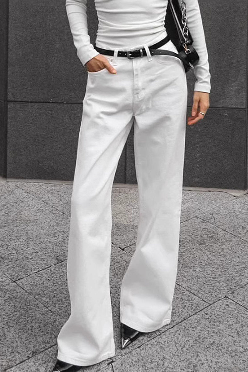 High Waist White Straight Leg Jeans for Women