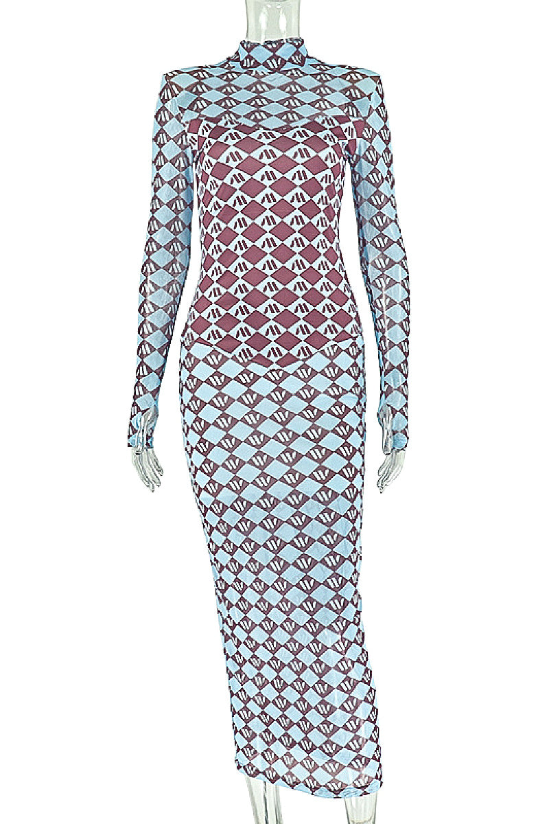 Elegant Floral Print Long Sleeve Bodycon Dress