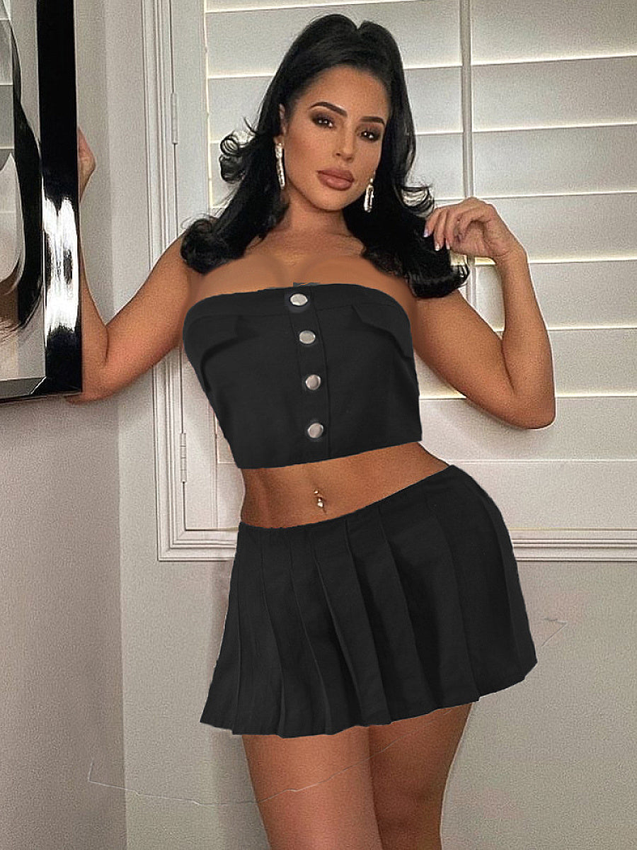 Trendy Women's Sexy Cropped Pleated Skirt Set