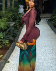 Chic V-Neck Color Block Bodycon Maxi Dress