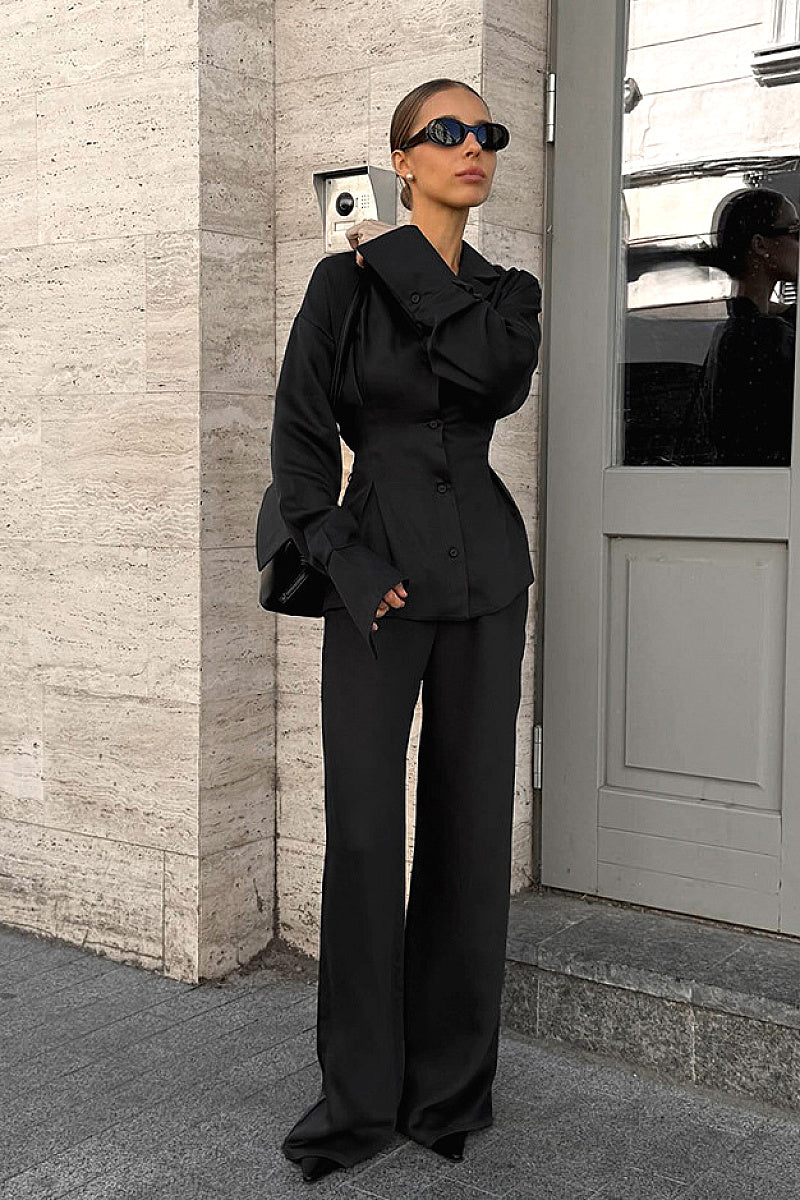 French Design Waist-Tie Long Sleeve Pants Set