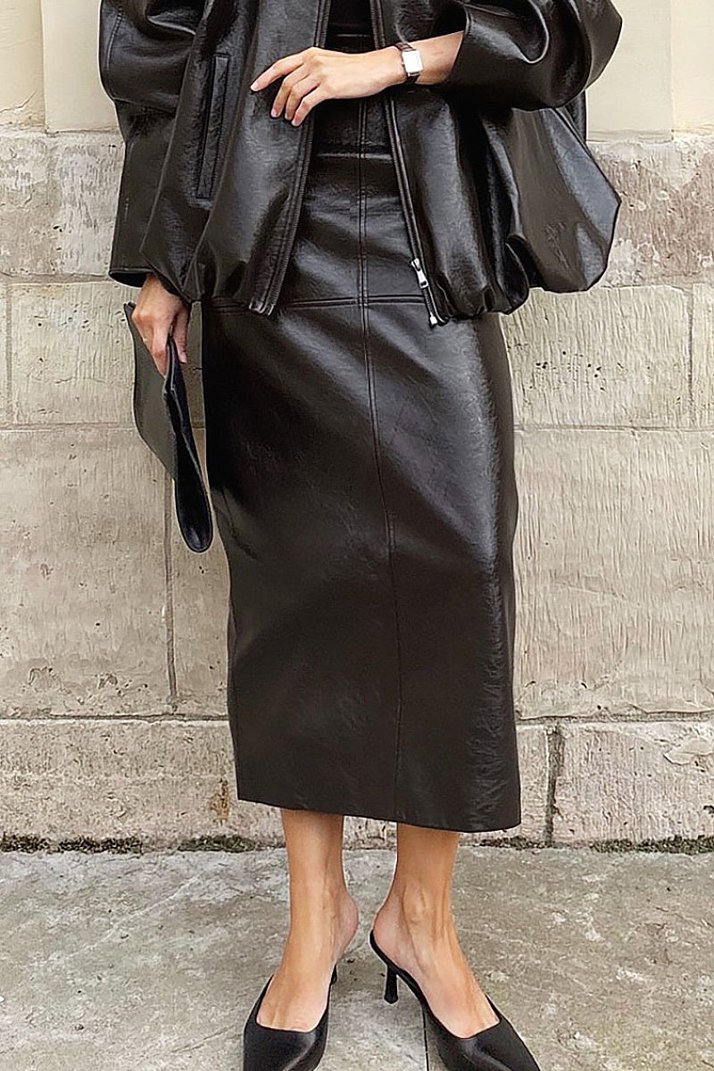 Elegant PU Leather Midi Skirt with Slit