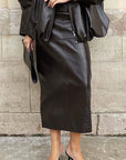 Elegant PU Leather Midi Skirt with Slit