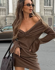 Sexy Brown V-Neck Knit Dress for Women