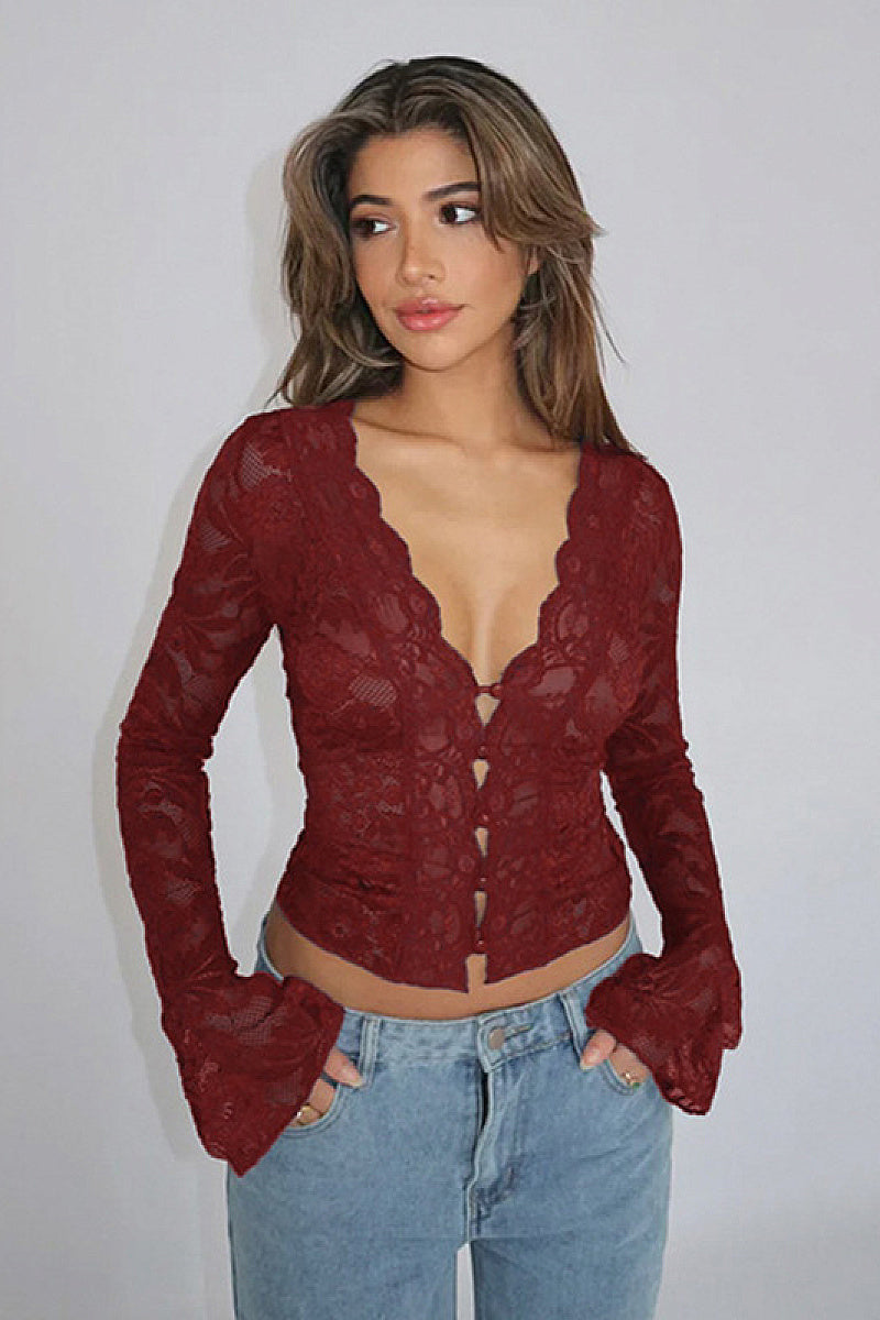 Chic Women's V-Neck Lace Long Sleeve Top