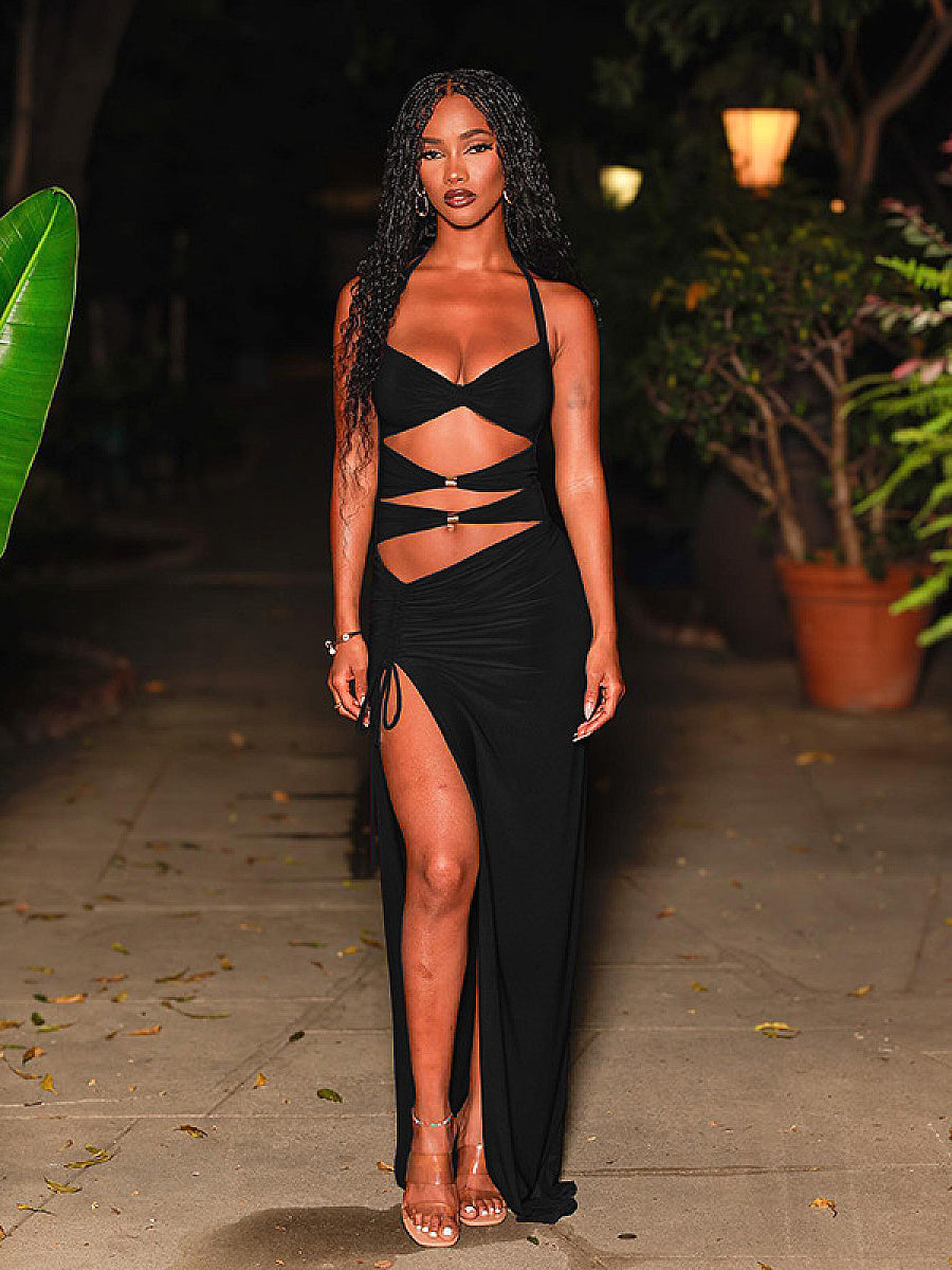 Hollow Out Metal Buckle Split Neck Halter Dress