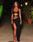 Hollow Out Metal Buckle Split Neck Halter Dress