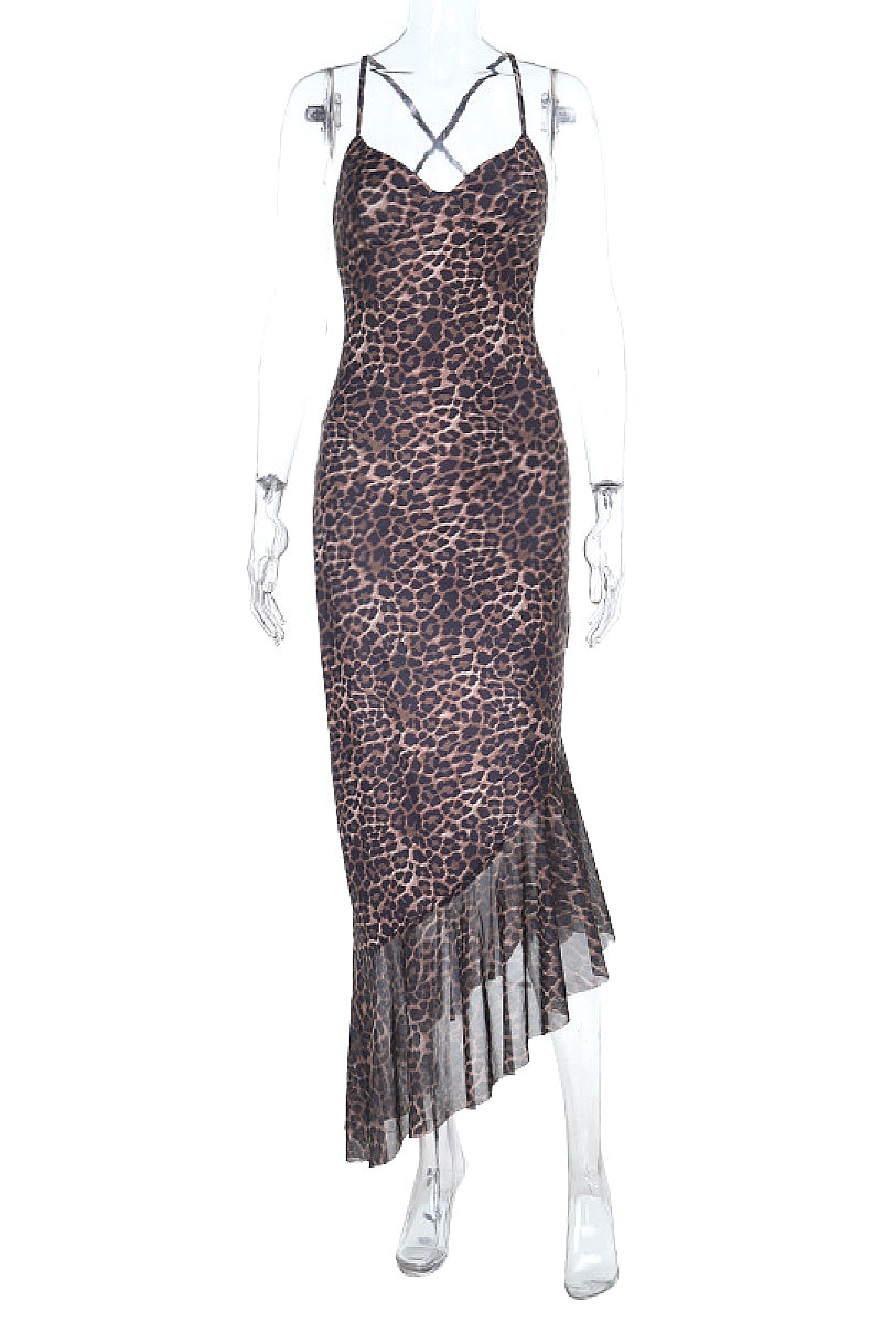Summer Sexy Backless Leopard Print Ruffle Dress