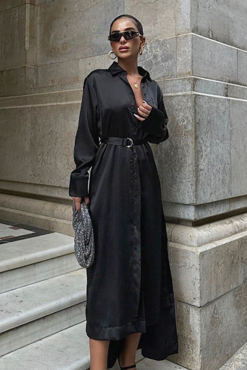 Elegant Blue Satin Shirt Dress for Women