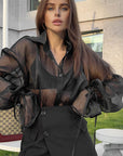 Fashionable Sheer Blouse with Puff Sleeves