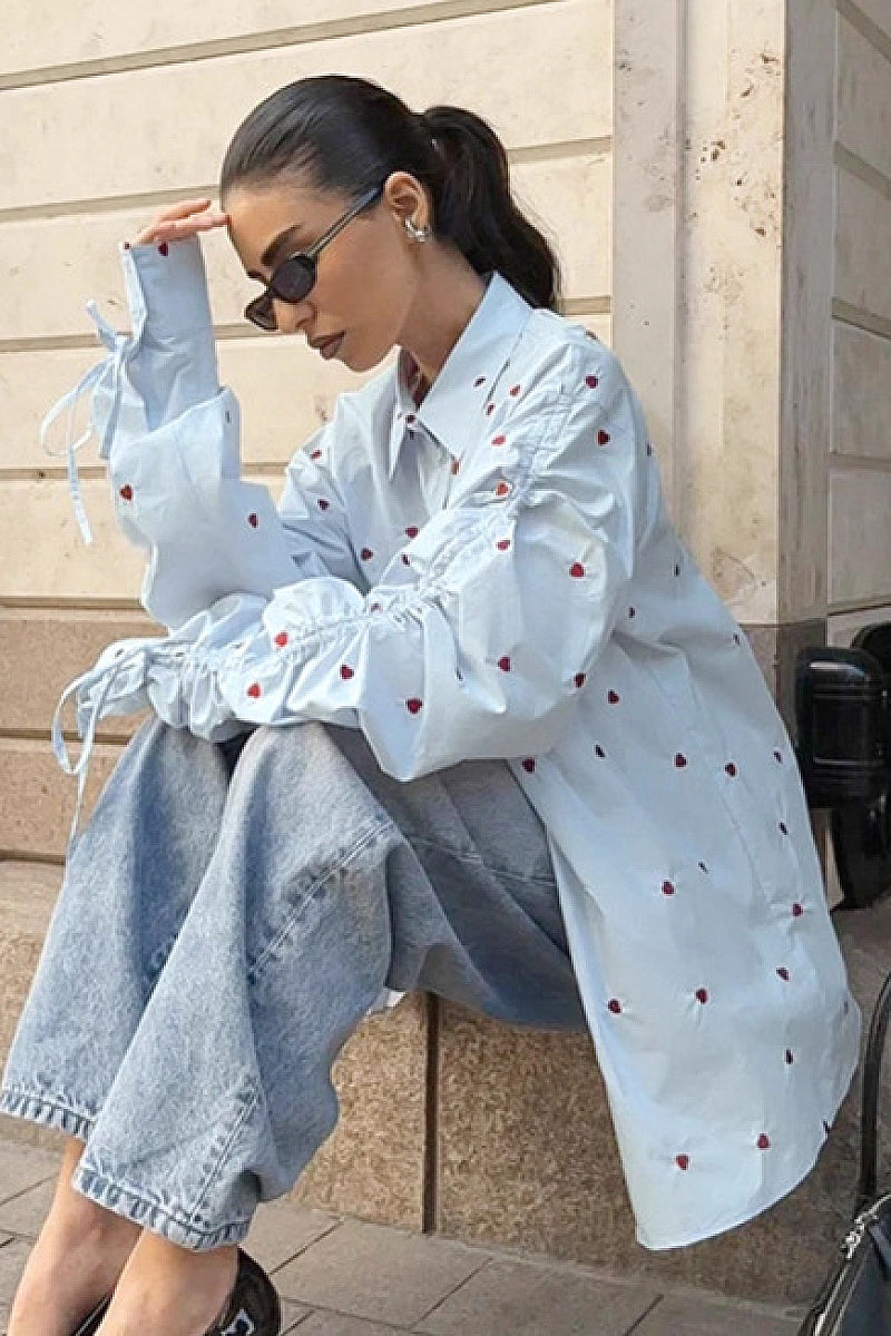 Russian Heart Print Collared Shirt for Women