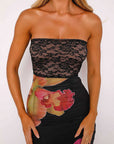 Chic Strapless Lace Trim Printed Dress