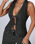 Fashionable Women's Denim Vest with Tie
